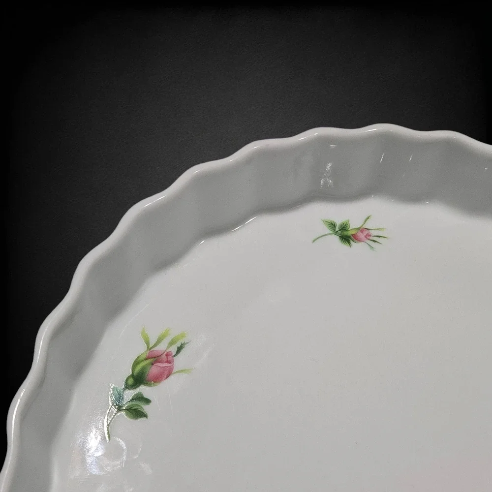 Vintage White Pink Floral Beveled Porcelain 9.5 Inch Quiche Tart 1950s Pie Pan